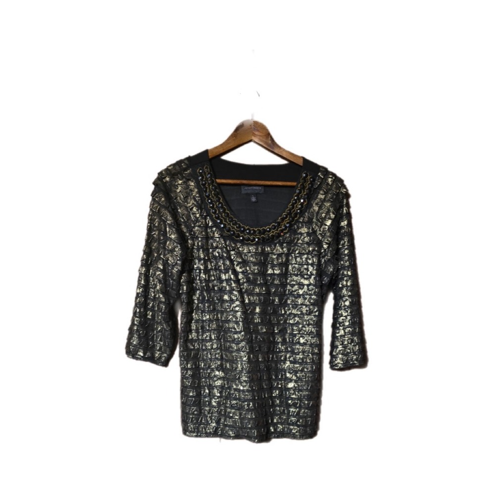 Investments Blouse Womens L Gold Black Excellent Tiered Ruffle Beaded Neck Top